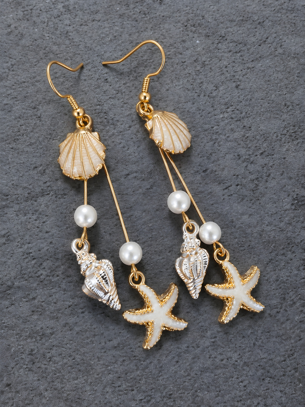 Gold Starfish Pearl Shell Dangle Earrings Beach Mermaidcore Statement Jewelry